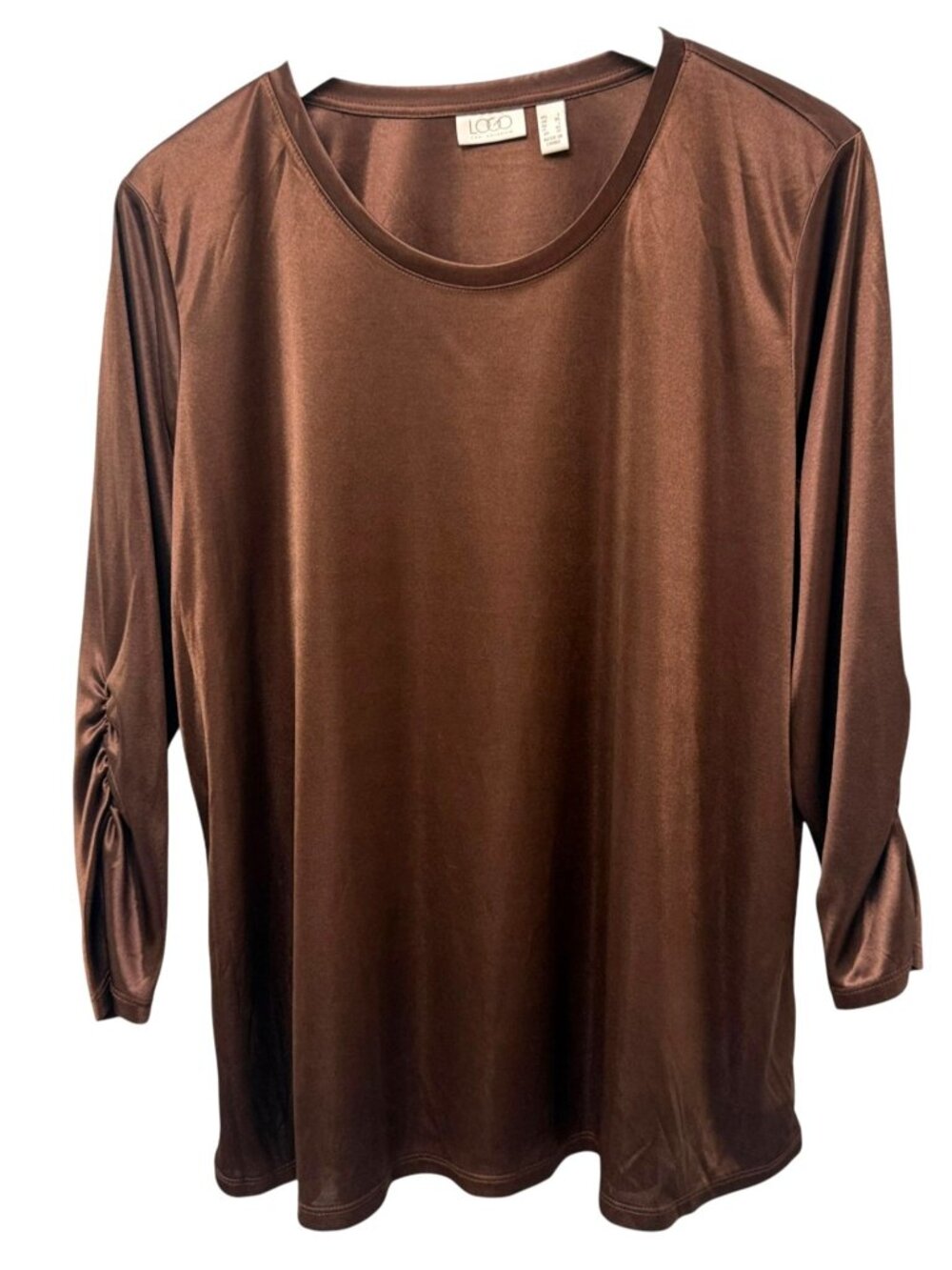 LOGO Lori Goldstein Shimmer Top Large Brown Ruched Sleeve Womens Light Tee